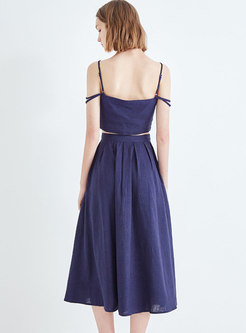 Solid Color V-neck Backless High Waist Slip Dress