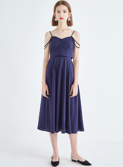 Solid Color V-neck Backless High Waist Slip Dress