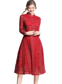 Lace Stand Collar Long Sleeve Slim Skater Dress