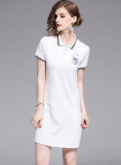 Brief Turn-down Collar Diamond-studded White T-shirt Dress