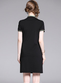 Brief Turn-down Collar Diamond-studded Black T-shirt Dress