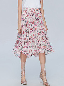 Fashion Floral Print Summer Chiffon Cake Skirt