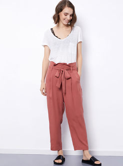 Casual Solid Color Bowknot Waist Straight Pants