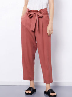 Casual Solid Color Bowknot Waist Straight Pants