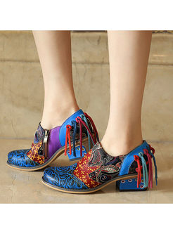 Fashion Print Tassel Splicing Leather Shoes