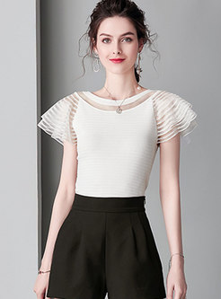 Chic Mesh Splicing O-neck Slim Knitted Top
