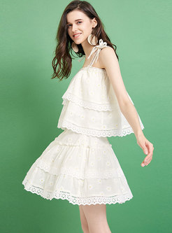Sweet Loose Print Bowknot Cami & Mini A Line Skirt