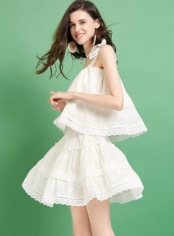 Sweet Loose Print Bowknot Cami & Mini A Line Skirt