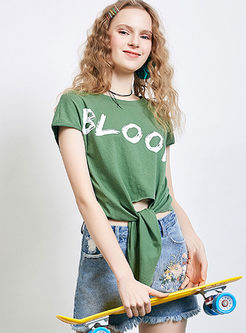 Casual O-neck Letter Print Hollow Out T-shirt