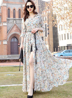 Fashion Lapel Print Slit Big Hem Dress