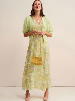 Retro V-neck Short Sleeve High Waist Floral Dress