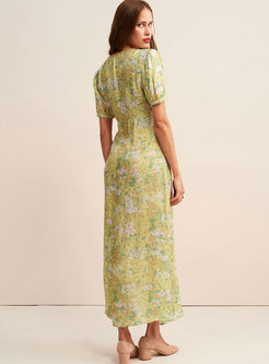 Retro V-neck Short Sleeve High Waist Floral Dress
