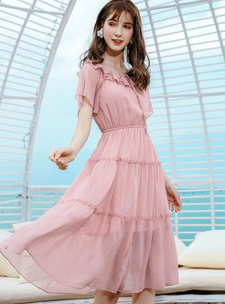 Sweet Pink Slash Neck Falbala Chiffon Dress