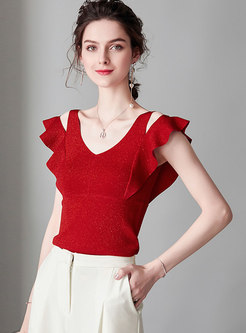 Chic Hollow Out V-neck Falbala Knitted Top