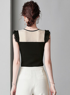 Color-blocked Lace Splicing Tie-collar Sleeveless Knitted Top
