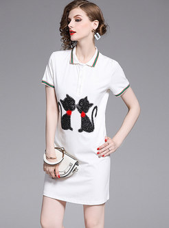 Summer Cartoon Cat Diamond-ironing T-shirt Dress