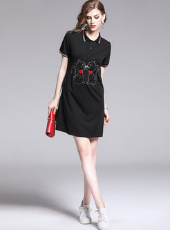 Brief Summer Cartoon Diamond-ironing Black T-shirt Dress