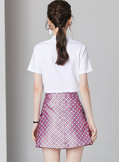 Fashion Personality Print T-shirt & Plaid A Line Skirt