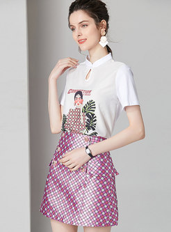Fashion Personality Print T-shirt & Plaid A Line Skirt