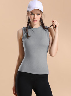Solid Color O-neck Sleeveless Hollow Out Yoga Top