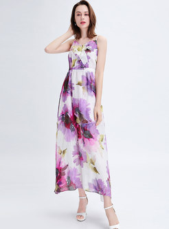 Fashion Print V-neck Backless Holiday Slip Maxi Dress