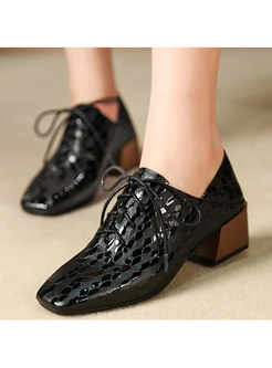 Stylish Black Genuine Leather Tied Thick Heel Shoes
