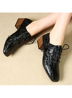 Stylish Black Genuine Leather Tied Thick Heel Shoes