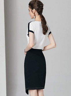 Color-blocked Splicing T-shirt & Asymmetric Split Sheath Skirt