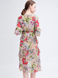 Floral Print Asymmetric Gathered Waist Sheath Dress