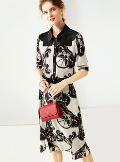 Trendy Print Lapel Half Sleeve Silk Sheath Dress