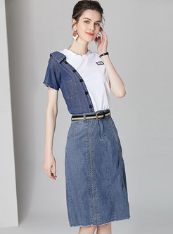 Stylish Denim Splicing T-shirt & Solid Color Sheath Skirt