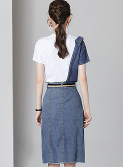 Stylish Denim Splicing T-shirt & Solid Color Sheath Skirt
