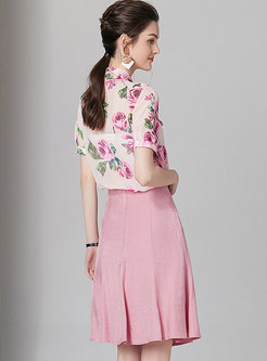 Stylish Print Bowknot Top & Cute Pink Skirt