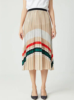 Chic Color-blocked Striped Pleated Skirt