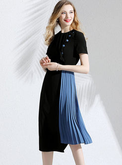 Casual O-neck Short Sleeve Splicing Pleated Dress