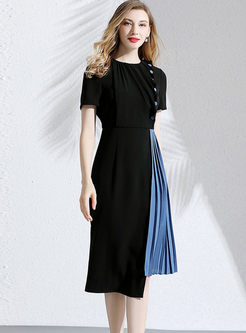 Casual O-neck Short Sleeve Splicing Pleated Dress