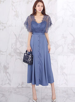 V-neck Transparent Lace Patchwork Big Hem Dress