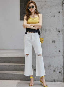Casual High Waist Ripped Flare Pants