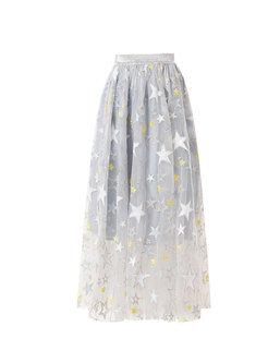 Stars Embroidered High Waist Mesh Skirt