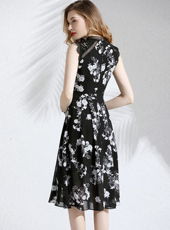 Retro Sleeveless Print Lace Splicing Chiffon Dress
