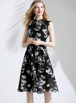 Retro Sleeveless Print Lace Splicing Chiffon Dress