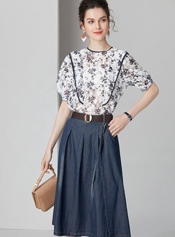 Stylish Lace See-though Top & Casual Denim Skirt
