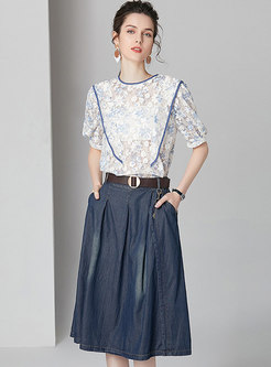 Chic All-matched Lace Top & Comfortable Slim Denim Skirt