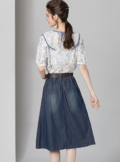 Chic All-matched Lace Top & Comfortable Slim Denim Skirt