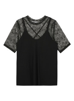 Lace Half Sleeve Perspective Top With Cami
