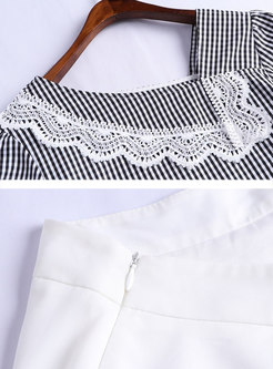 Lace Splicing Striped Backless Top & Casual White Skirt