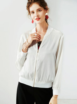 Casual White Perspective Stand Collar Silk Thin Coat