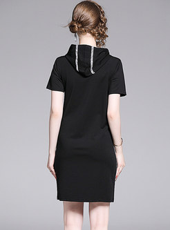 Brief Print Hooded Splicing Black Slim Sheath Dress