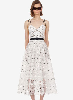 Chic Lace Embroidered Polka Dot High Waist Slip Dress
