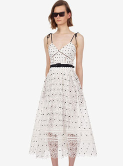 Chic Lace Embroidered Polka Dot High Waist Slip Dress